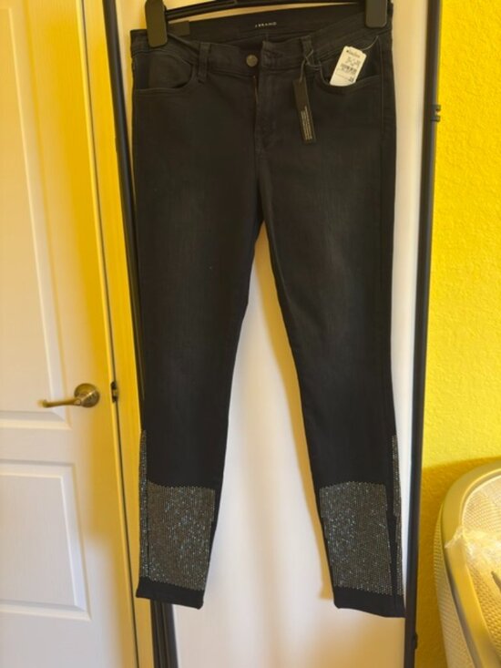 J Brand Denim - J Brand Black Skinny Jeans w/ Crystal Rhinestone Hem Detail — Size 28